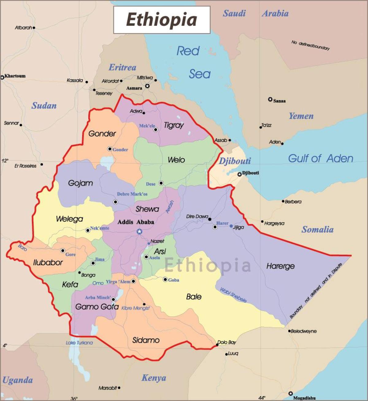 Եթովպիա քարտեզ քաղաքների հետ