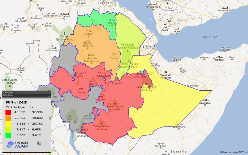 Նահանգների Եթովպիայի քարտեզի վրա